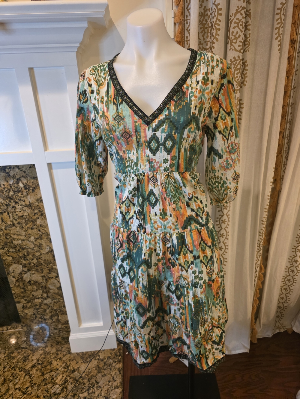 ONE WORLD Green and Gold Abstract Print Sundress festival boho hippie